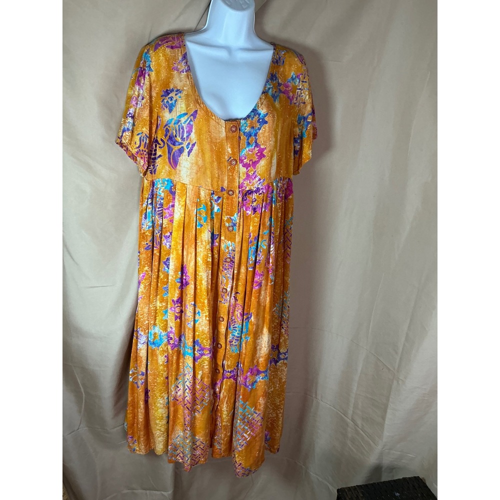 ReggaeToWear Dress Womens M Orange Batik Vintage Jamaica‎ Boho Button Front Midi